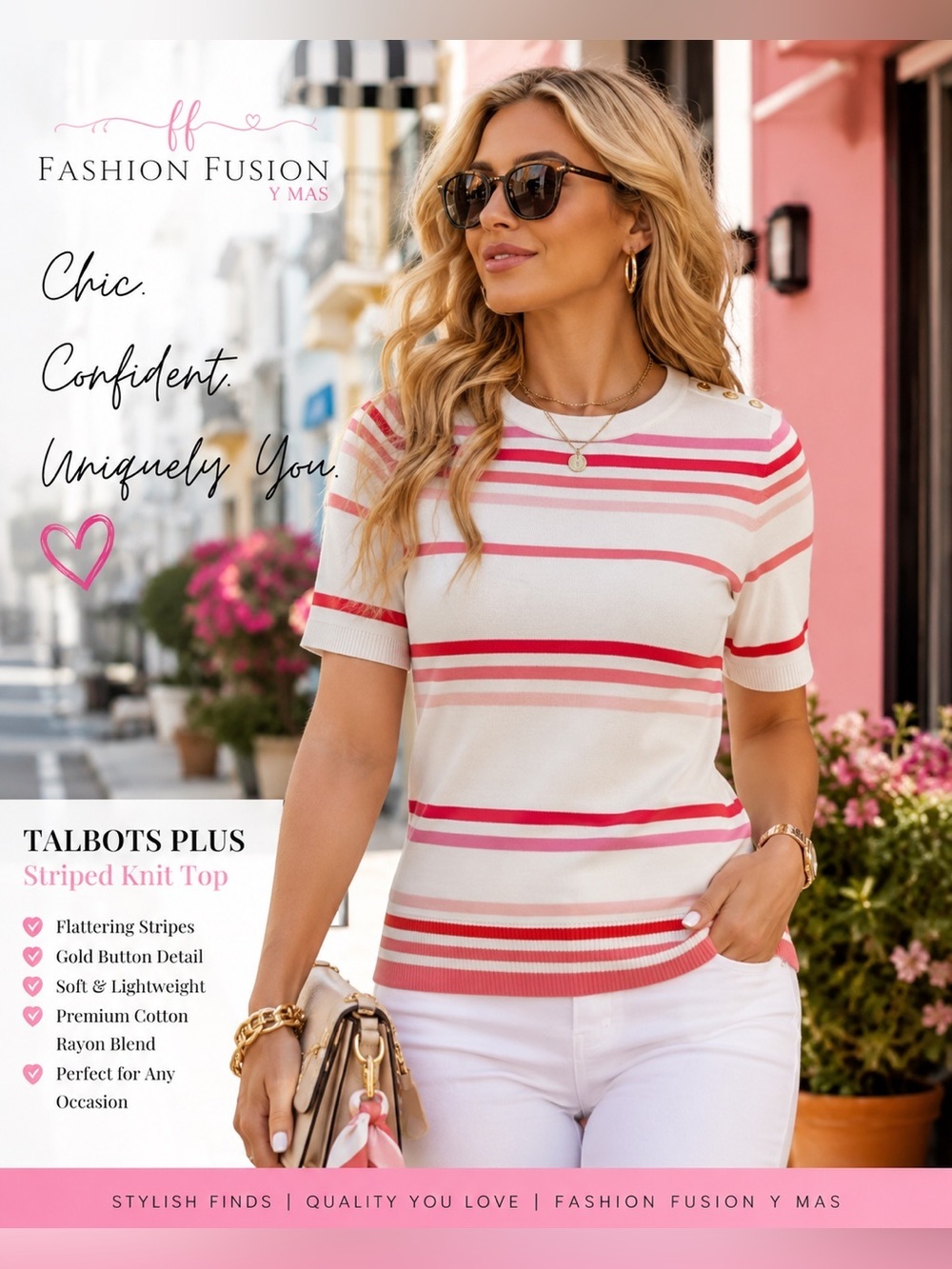 Talbots Striped Knit Short Sleeve Top - White, Pink & Red